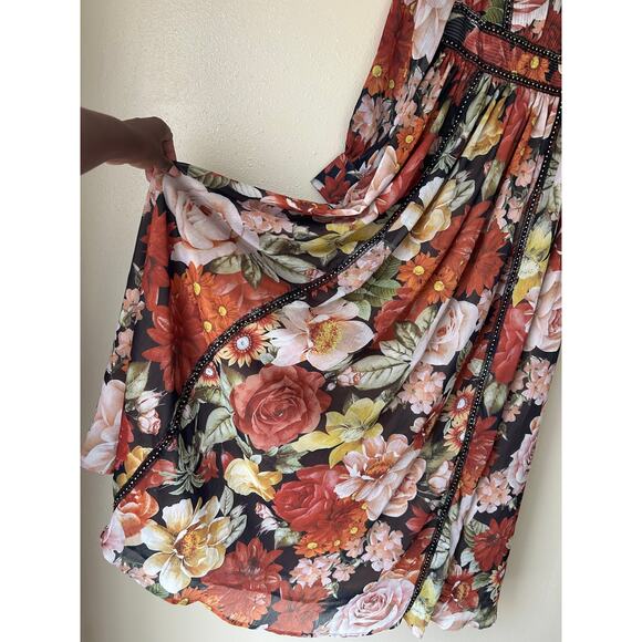 ❌SOLD❌ L'Atiste Burnt Orange Floral Semi Sheer Deep V Maxi Dress Size Small - Picture 7 of 11